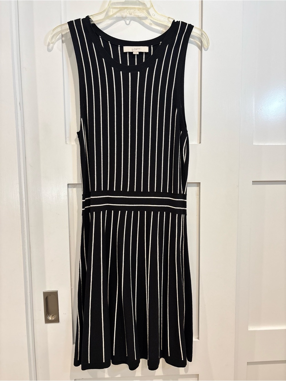 LOFT Black and White Vertical Stripe Sleeveless Fit-and-Flare Dress